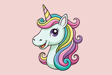 Vibrant and whimsical cartoon unicorn head illustration, featuring playful laughter and neighing sounds.