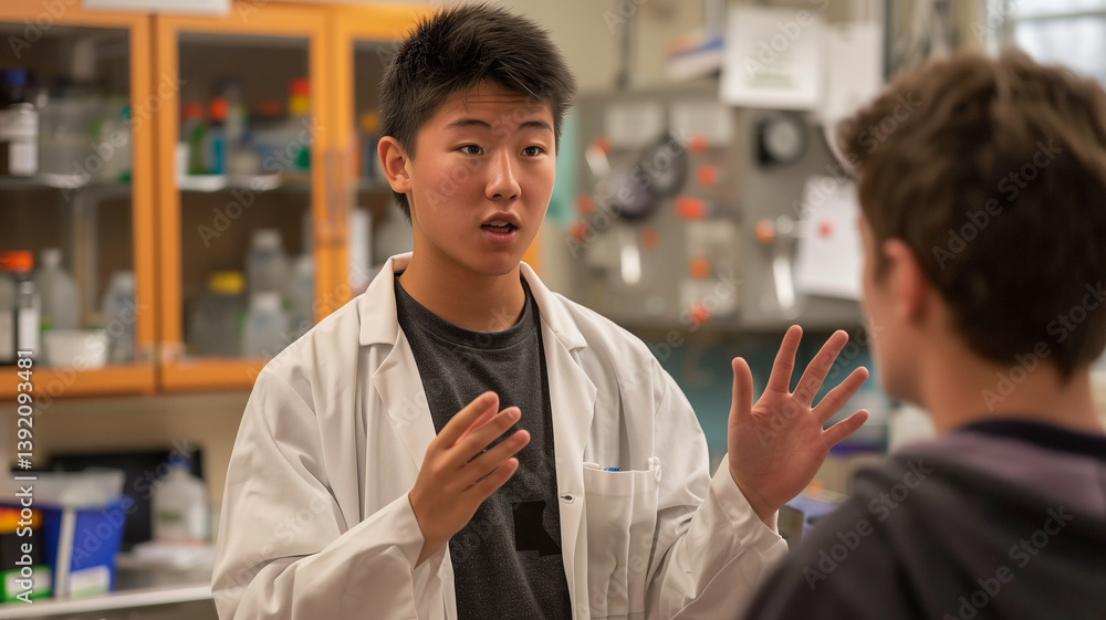 Poster this teenager in a lab coat explains a science topic to a classmate during a school project discussi