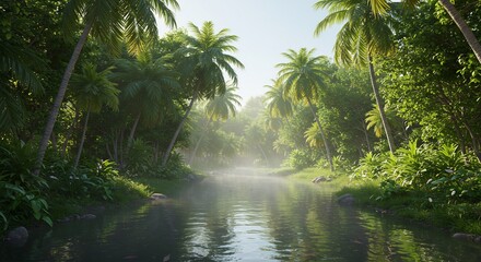 Serene Tropical River Path Sunlight Lush Green Foliage. AI Generated