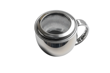 Sleek stainless steel tea infuser cup perfect for loose leaf tea brewing shiny metallic finish isolated on transparent background