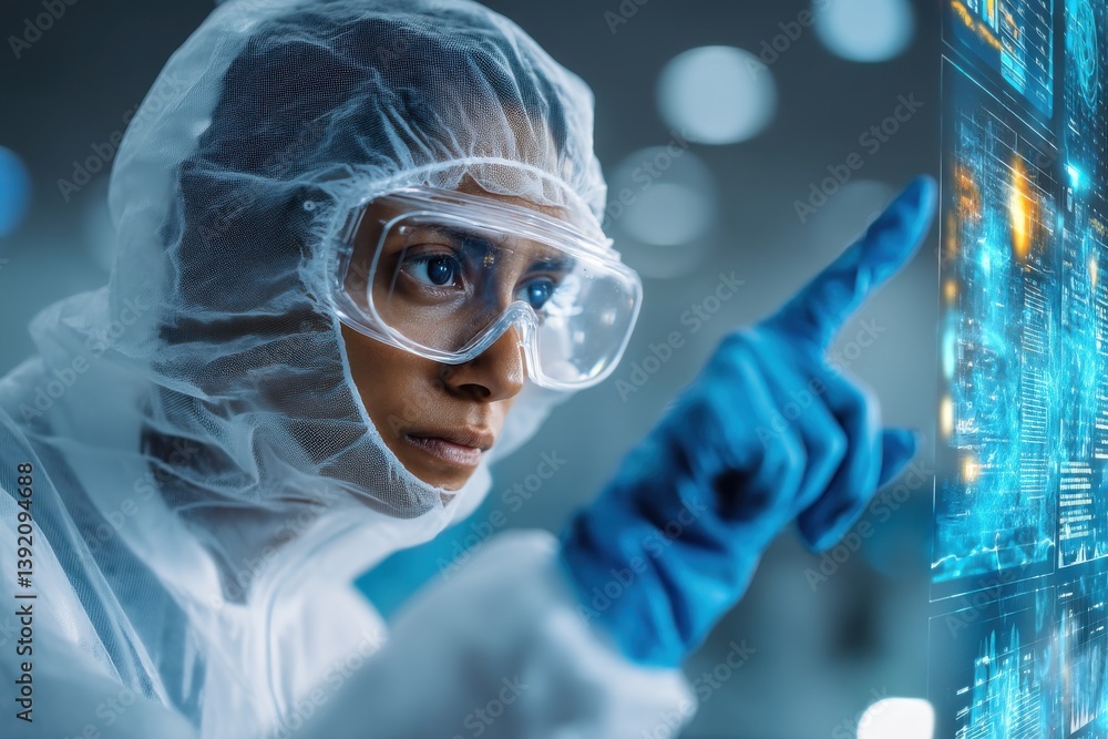 Poster a scientist in protective gear examines data on a screen, signifying advanced research and cutting-e