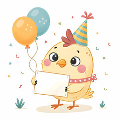 Fototapeta premium cute cartoon birthday chicken holding a blank sign