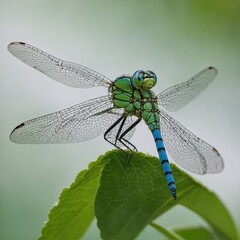 blue dragonfly on a green leaf