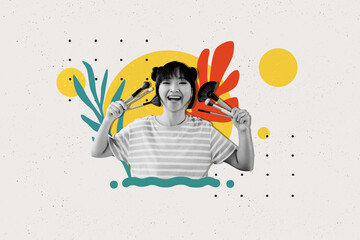Collage design trend artwork sketch of young lady smile hand hold brush plant leaves botanical...