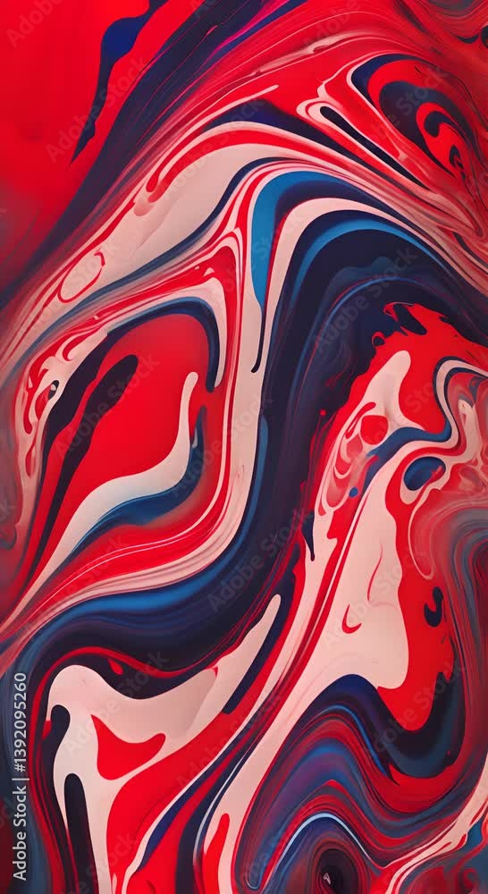 Poster colorful abstract art with fluid shapes and patterns in blue red and black tones creating a modern d