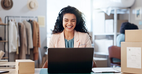 Laptop, video call and woman with cardboard box in office for ecommerce, courier or confirmation....