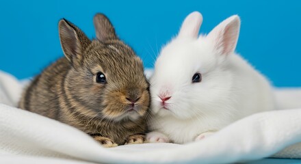 Fototapeta premium Bunny Buddies A Gentle Moment Sweet Little Rabbits Cozy Close Up Brown And White Rabbits Soft Focus Two Bunnies A Touching Portrait Adorable Baby Rabbits Peaceful Scene AI Generated