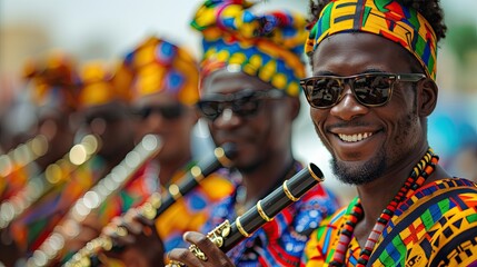 Obraz premium Smiling musician playing flute with colorful clothes and sunglasses