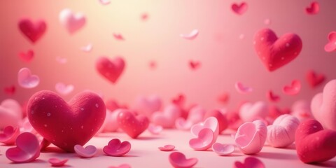 A Romantic Scene with Numerous Pink Hearts Falling and Resting on a Soft Pink Surface