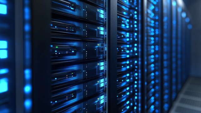 Close up view of a server room with blue lights indicating data processing and network infrastructure