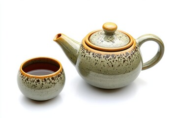 Serene tea moment elegant teapot cup speckled green glaze inviting warm tones isolated on transparent background