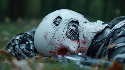 Naklejka premium Damaged cyborg lying in the grass, covered in blood