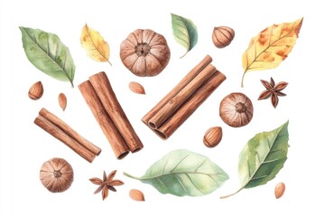 Watercolor Illustration of Autumnal Spices Nuts and Foliage Elements