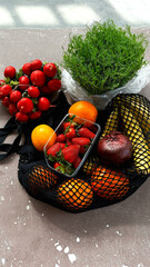 Assortment of fresh eco fruits and vegetables. Top view. 