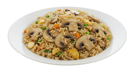 Rice with mushroom served on white plate for wholesome meal