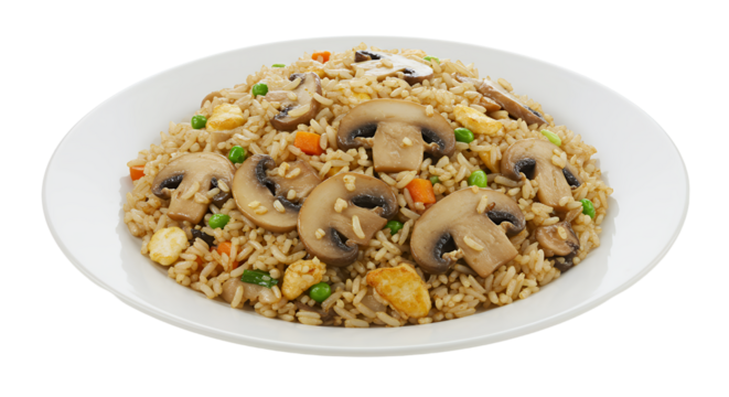 Rice with mushroom served on white plate for wholesome meal