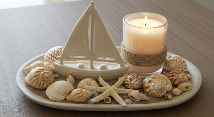 Serene Seashell Arrangement Warm Candlelight. AI Generated