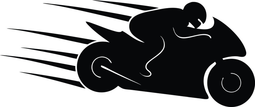 A stylized black silhouette of a racing motorcycle with a rider in a low, aerodynamic position, designed to convey high speed and motion