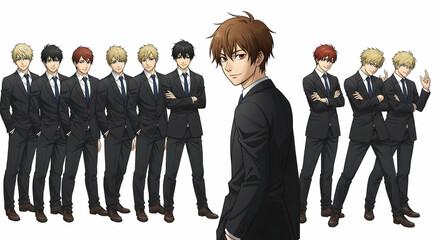 Group of Animated Men in Suits Standing Together on White Background
