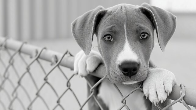 Sad puppy behind chain link fence