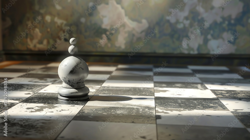 Poster 3d rendering of a chessboard with a single white pawn. the pawn is in the foreground and slightly el