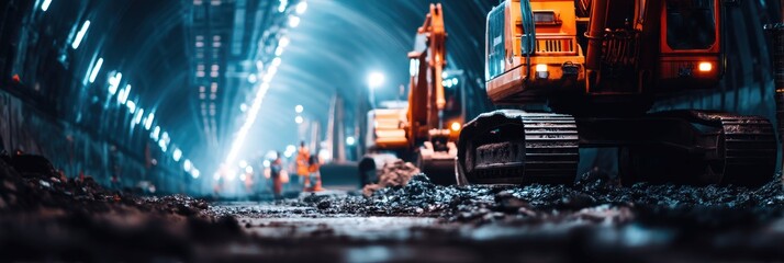 Excavators in tunnel construction site with workers in background