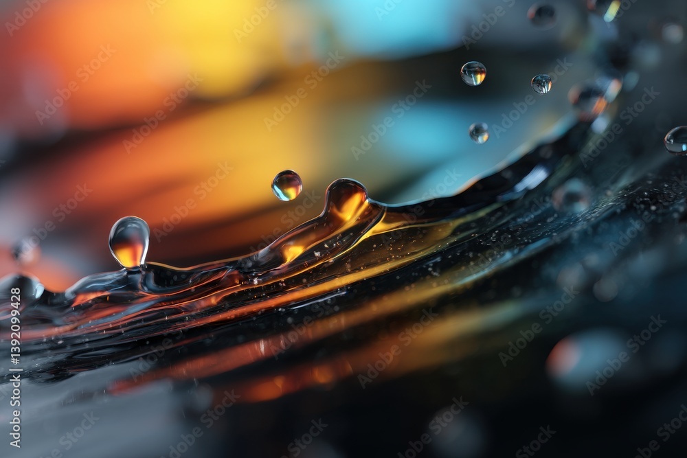 Poster macro shot of water droplets and ripples reflecting vibrant orange and blue light, creating a dynami
