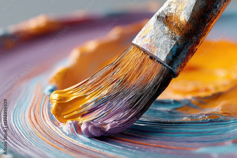 Poster artistic close-up showcasing a paintbrush blending vibrant orange, purple, and blue paints, creating