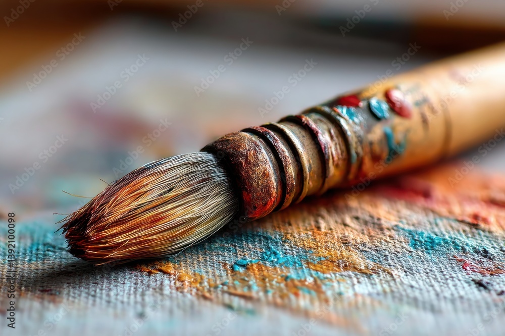 Poster a textured macro shot of a paint-covered brush resting on a canvas with smeared hues, capturing the 