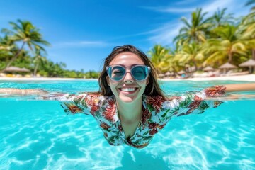 Woman swimming in turquoise tropical water, smiling with sunglasses, split-level shot, tropical beach, white sand, palm trees.