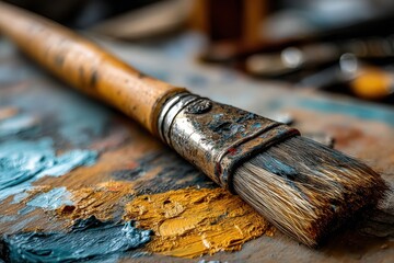 Fototapeta premium A close-up shot capturing an artist's paintbrush resting on a palette covered in swirls of vibrant blue and yellow paint, showcasing the creative process and artistic tools