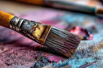 Fototapeta premium A worn paintbrush rests on a canvas splashed with vibrant colors, showcasing the tools and textures of artistic expression and a close-up, detailed view of creativity.