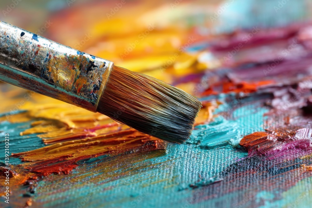 Poster a detailed macro shot of a paint brush on colorful mixed paint creating an abstract painting with te