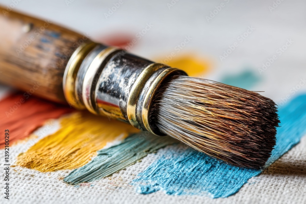 Poster close-up of a paintbrush lying on colorful paint strokes, creating a vibrant and textured artistic b