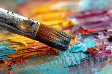Fototapeta premium A detailed macro shot of a paint brush on colorful mixed paint creating an abstract painting with texture and artistic expression, a vibrant artistic background.