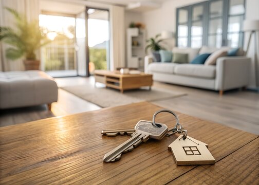 House Keys on Wooden Table – Symbolizing Homeownership and New Beginnings in a Modern Apartment