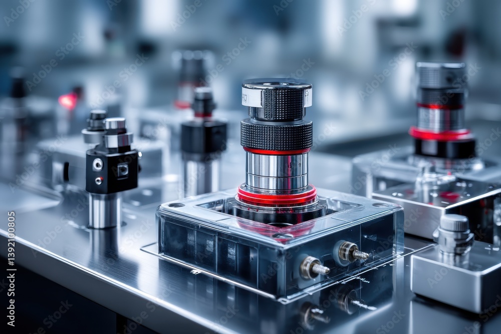 Poster high-tech automated machinery showcases precision engineering with interconnected devices in a clean
