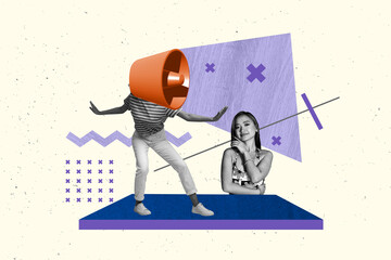 3d sketch poster trend collage of anonym girl instead head megaphone propaganda agitation news...