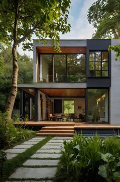 A large house with a wooden deck and a pool