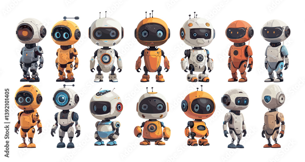 Poster cartoon robots. droids mechs artificial beings golems machines, automated units techno humanoids cyb