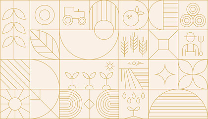 Agriculture abstract modern line geometric pattern. Vector eco farming and green energy background with linear plants, sprouts and leaves, water waves, flowers, light bulb and sun, windmill or tree.