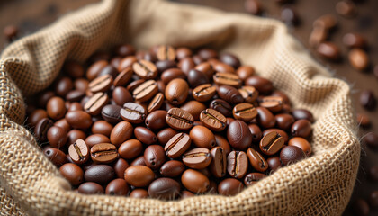 Fototapeta premium Coffee Beans on Burlap Sack, Earthy Tones, Rustic Mood