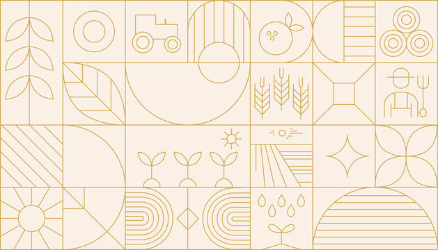 Agriculture abstract modern line geometric pattern. Vector eco farming and green energy background with linear plants, sprouts and leaves, water waves, flowers, light bulb and sun, windmill or tree.