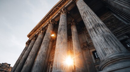 Obraz premium Grand building's columns at sunset, low angle view, ideal for architectural projects