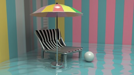 Relaxing summer scene with umbrella and chair indoor pool digital art colorful environment perspective leisure concept