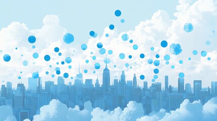 Blue city skyline with clouds and floating spheres in a bright and airy digital illustration
