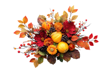 Autumnal harvest arrangement featuring pumpkins flowers and fall leaves against a bright white isolated on transparent background