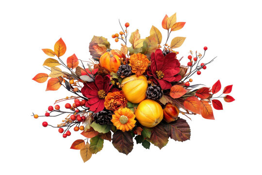 Autumnal harvest arrangement featuring pumpkins flowers and fall leaves against a bright white isolated on transparent background
