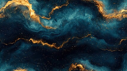 Various stains and overflows of gold particles in blue fluid with green tints seamless texture map pattern background