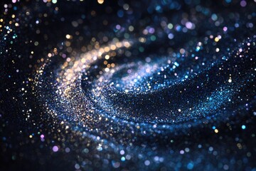 Abstract swirling glitter texture with blue, gold, and silver bokeh lights.